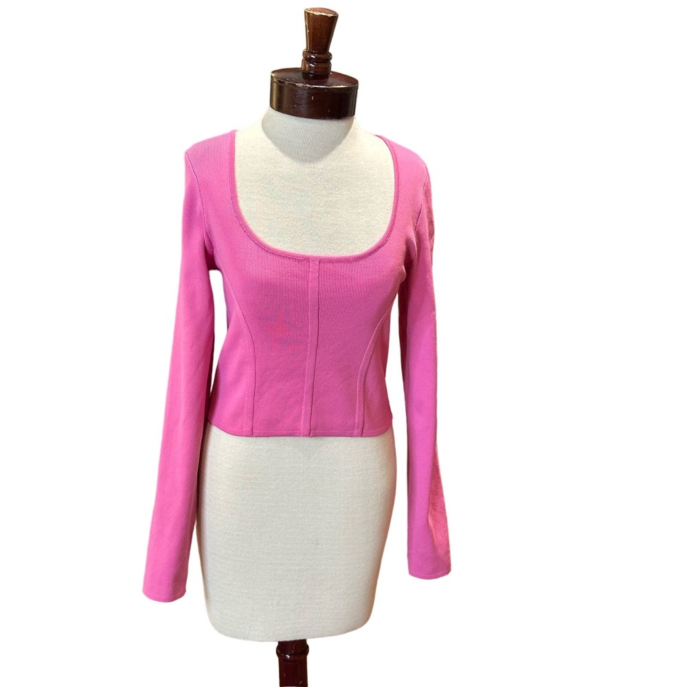 Happily Gray Long Sleeve Crop Top, Hot Pink, Ribbed, Sz Large, New